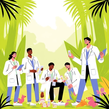 A group of scientists in lab coats is carefully depositing biodiversity samples into clear containers. The scene is set in a vibrant rainforest filled with tall, green trees and dense foliage. Colorful flowers bloom around them, and various small animals can be seen in the background. The sunlight filters through the canopy, creating patterns on the forest floor. Some scientists are taking notes on clipboards, while others interact with the samples, showcasing their commitment to conservation and research.