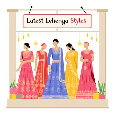 A boutique window display showcasing a variety of mannequins elegantly dressed in vibrant lehenga styles. Each mannequin displays a unique lehenga, featuring intricate embroidery and rich patterns. The lehengas come in various colors such as deep red, royal blue, and bright yellow. Soft lighting illuminates the display, highlighting the intricate details of the fabric. Decorative elements like floral arrangements and traditional jewelry are artfully arranged around the mannequins, enhancing the overall appeal of the showcase. A signboard above the display reads "Latest Lehenga Styles" in bold, decorative letters.