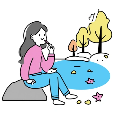 A girl with long brown hair is sitting on a large rock by a tranquil lake. She is wearing a cozy red sweater and blue jeans. In her hand, she holds a lipstick, applying it carefully to her lips. Around her, vibrant autumn leaves in shades of orange, yellow, and red are scattered on the ground and floating on the lake's surface. The water reflects the colorful foliage and the clear sky above.