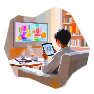 A person with medium skin tone and short black hair is sitting comfortably on a sofa, holding a tablet in their hands. They are intently focused on the screen, which displays a colorful virtual tour of an illustration museum. The room around them is softly lit, with bookshelves filled with art books in the background. There is a coffee table nearby with a steaming mug and some sketchbooks, creating a cozy atmosphere. The screen of the tablet showcases various artworks from the museum, including vibrant illustrations that capture the viewer's attention.