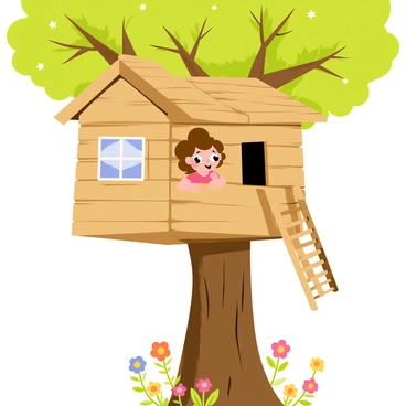 A little girl with curly brown hair is peeking out of a wooden treehouse. The treehouse is built into a sturdy tree and has a wooden ladder leading up to it. The girl is wearing a bright red dress and has a playful expression on her face. Surrounding the treehouse are lush green leaves, with sunlight filtering through them, casting a dappled shadow on the wooden walls of the treehouse. There are colorful flowers blooming nearby at the base of the tree. The scene conveys a sense of adventure and childhood wonder.