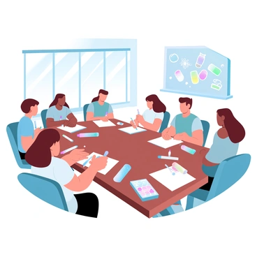 A group of students is seated around a large wooden table, actively participating in a hands-on workshop. Each student is focused on their individual projects, with sketchbooks and illustration tools spread out in front of them. Some students are holding pencils, while others are using markers and watercolors to create vibrant illustrations. The room is filled with large windows that allow natural light to flood in, and a bulletin board filled with colorful artwork is visible in the background. Various art supplies, such as paint tubes and brushes, are scattered across the table, adding to the creative atmosphere.