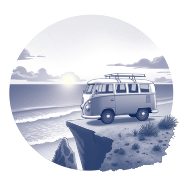 A VW bus is parked on a cliff. The vehicle features a classic design with rounded edges and large windows. In the background, the vast ocean stretches out towards the horizon, with waves gently crashing against the cliffside. The sky is filled with a variety of shapes, with the sun setting on the horizon, casting intricate shadows and silhouettes. The cliff is rugged, with jagged rocks jutting out and sparse vegetation scattered throughout the area. The scene evokes a sense of tranquility and adventure, with the bus positioned perfectly to enjoy the view.