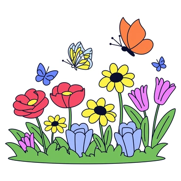 A vibrant garden featuring a diverse array of flowers in multiple colors, including red roses, yellow daisies, and purple tulips. Among the flowers, several butterflies of different sizes and patterns are fluttering, including a large orange monarch and smaller blue and yellow butterflies. The garden is well-kept with green foliage surrounding the flowers, creating a lively and colorful scene.