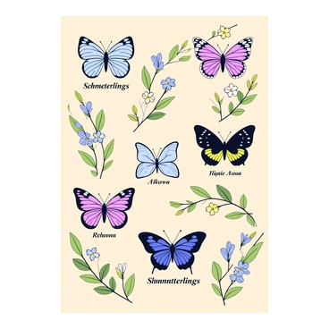 A vintage botanical poster featuring various types of "schmetterlings," which are intricately illustrated in different colors and patterns. Each butterfly is depicted with open wings to showcase their unique designs. The butterflies are arranged artfully on a soft beige background, with delicate green foliage and flowers subtly surrounding them. The poster includes the names of each butterfly species labeled in elegant cursive font beneath them.