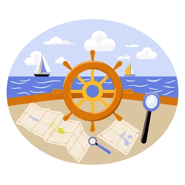 The view from the captain's helm features a wooden steering wheel positioned prominently in the center. Surrounding the helm are various navigational instruments, including a compass with a glowing needle, a vintage map spread out for reference, and a magnifying glass resting nearby. In the foreground, the sea stretches out into the horizon, showcasing vibrant shades of blue with gentle waves. The sky above is filled with fluffy white clouds, and a distant sailboat can be seen gliding on the water.