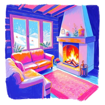 A rustic mountain chalet features a large, roaring fireplace at the center, with flames dancing and glowing warmly. The walls are made of dark wood logs, and the ceiling is adorned with wooden beams. A plush, inviting sofa, covered in a woolen throw, sits in front of the fireplace. Large windows reveal a snowy landscape outside, where snowflakes gently fall and cover the ground. The window edges are slightly frosted, and a few pinecones and evergreen branches are placed on the windowsill. A cozy rug lies on the wooden floor in front of the sofa, enhancing the warm atmosphere of the chalet.