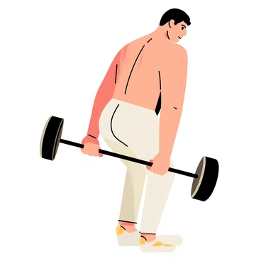 An illustration of the human back muscles during a barbell row exercise. The figure shows a side view of a muscular person bent forward at the waist, gripping a barbell with both hands. The back muscles, including the latissimus dorsi, trapezius, and rhomboids, are prominently highlighted and defined. The barbell is shown near the lower chest, with the person's elbows pulled back, demonstrating the engaged muscles. The environment is simple to focus on the anatomy and movement involved in the exercise.