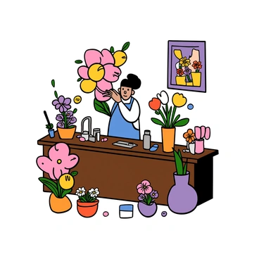 A small florist with light skin and short black hair is standing behind a wooden counter, carefully arranging a bouquet of oversized flowers. The flowers include large colorful blooms in shades of pink, yellow, and purple. The florist is wearing a blue apron over a white shirt, and there are various tools and flower supplies scattered around the counter. In the background, there are more flowers in vases and a floral-themed picture on the wall. The scene conveys a sense of creativity and passion for floral design.