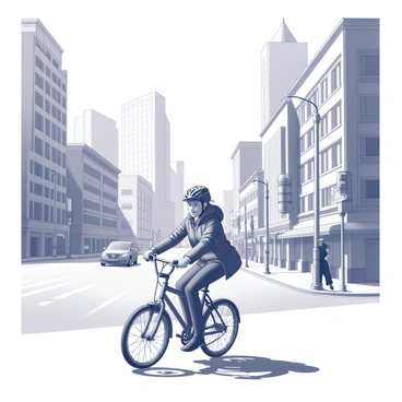 A woman riding a bicycle is navigating through a bustling cityscape. The city is filled with various tall buildings, showcasing a mix of architectural styles. The streets are busy with pedestrians and vehicles, creating a lively atmosphere. The woman is wearing a fitted jacket and a helmet, focused on her ride. The morning light casts long shadows on the pavement, hinting at the early hour. There are street signs and traffic lights visible, adding to the urban setting.
