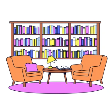 A cozy library with wooden shelves filled with colorful illustration books. The books are arranged in an organized manner, showcasing a variety of vibrant covers. There are plush chairs in warm colors placed around a small reading table, inviting relaxation. A soft rug covers the floor, adding to the comfort of the space. A small lamp on the table casts a warm glow, highlighting a few open books laid out for readers. The walls are painted in a light shade, creating a welcoming atmosphere.