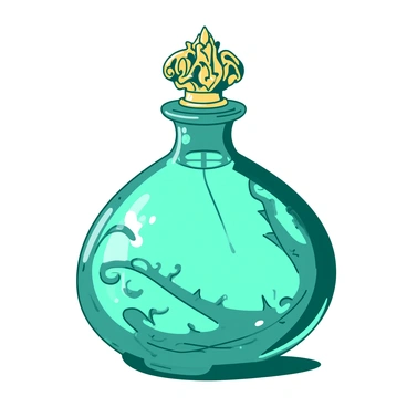 A teal fancy glass perfume bottle features an intricate design with various swirling patterns carved into its surface. The bottle is elegantly shaped with a slender neck that leads to a detailed, ornate golden cap resting on top. Light reflects off the glass, creating a shimmering effect, while the golden cap adds a touch of luxury. The perfume bottle is positioned on a smooth, white surface, enhancing its delicate features and vibrant colors.
