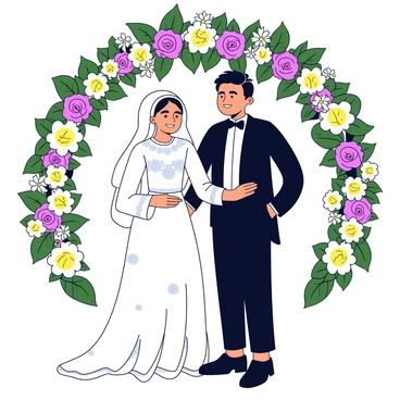A Muslim bride wearing a traditional white gown intricately adorned with lace patterns. She has a delicate veil that cascades over her shoulders. Beside her, the groom is dressed in a classic black tuxedo with a crisp white shirt and a black bow tie. They are standing together under an arch made of lush greenery and a variety of colorful flowers such as roses, lilies, and daisies. The setting has a soft, warm lighting that enhances the beauty of the scene.