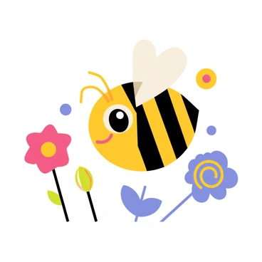 A cartoon-style illustration of a "honeybee" with yellow and black stripes flying among colorful "abstract flowers". The honeybee features large, cartoonish eyes and delicate wings. The abstract flowers are in various shapes and sizes, including circles and spirals, with vibrant colors like red, blue, and purple. The background has a light, airy feel, enhancing the whimsical nature of the scene.
