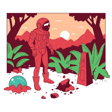 A caveman in a space suit discovering alien artifacts in a prehistoric landscape.