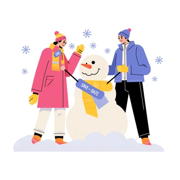 A couple wearing colorful winter attire stands in a snowy landscape as they build a snowman. The woman wears a bright red coat and a knitted hat, while the man is dressed in a blue puffer jacket and a matching beanie. They are joyfully shaping the snowman, adding a carrot nose and pebble eyes. The snowman is adorned with a vibrant scarf that has the words "Save the Date" written in bold letters, adding a festive touch. Fluffy snowflakes gently fall around them, contributing to the winter atmosphere.