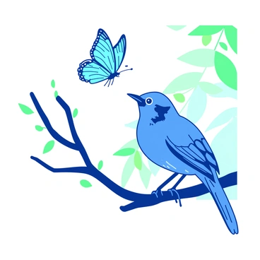 A blue jay with vibrant feathers is perched on a thin branch, its head tilted slightly as it curiously watches a butterfly mid-air. The butterfly is flapping its wings, showcasing an array of bright colors, contrasting with the blue jay's plumage. The background is softly blurred, emphasizing the bird's keen gaze and the delicate flutter of the butterfly's wings. Sunlight filters through the leaves, creating dappled patterns on the branch where the blue jay is sitting.