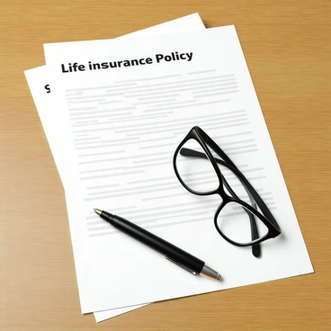 A stack of life insurance policy documents neatly arranged on a wooden desk. The documents have clear text and headers visible, indicating their importance. Beside the stack, there is a sleek black pen lying horizontally, reflecting light from the desk's surface. Additionally, a pair of reading glasses with a silver frame rests next to the pen, ready for use. The overall setup conveys a sense of professionalism and organization.