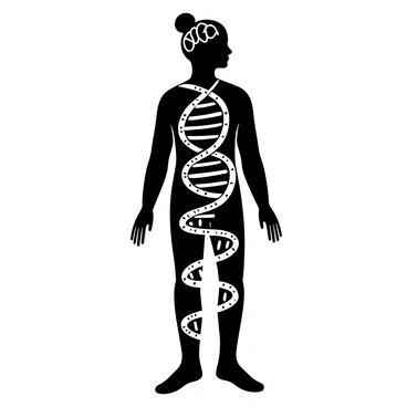 A human silhouette filled with intricate patterns. DNA strands intertwine throughout the silhouette, clearly defined and detailed, representing the concept of genetic identity. The strands vary in thickness, creating a sense of depth and complexity. The background is minimal to emphasize the silhouette and the DNA strands, allowing the viewer to focus on the intricate weave of genetics within the form.