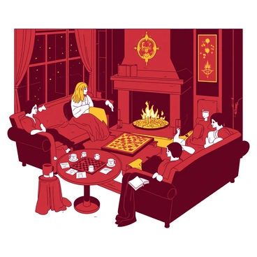 A red Gryffindor common room features several students lounging comfortably on plush, gold-colored sofas. The fireplace is ablaze, casting a warm glow over the room, with flickering flames reflecting off the walls. A round table is nearby, where a group of students is engaged in conversation, with notes and spell books scattered across its surface. Some students are sipping from steaming mugs, while others are playing a game of wizard chess on a corner table. The room is adorned with rich tapestries and house banners, with large windows showing the dark evening sky outside.