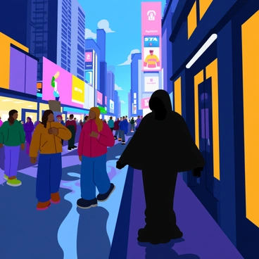 A shadowy figure with indistinct features stands partially obscured in the alleyway beside a bustling city street. The figure has a dark, flowing silhouette that blends with the shadows of the surrounding buildings. Bright city lights illuminate the scene with vibrant colors, casting reflections on the wet pavement. In the foreground, a diverse group of pedestrians walk by, engaged in their own activities, unaware of the lurking figure. The street is lined with tall skyscrapers, and colorful billboards add to the vibrant atmosphere of the city.