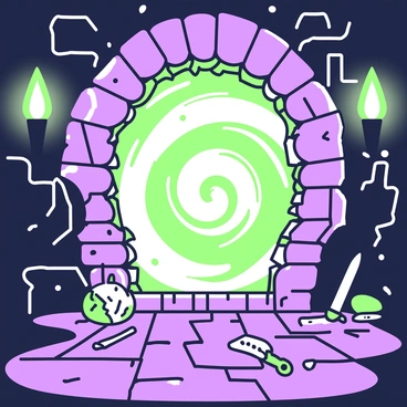 A dungeon chamber with stone walls is illuminated by flickering torches mounted on the sides. In the center of the chamber, there is a swirling magical portal, its edges appearing to shimmer and glow. The portal emits a soft light that casts distinct shadows across the rough stone floor. Surrounding the portal are scattered ancient artifacts, including a rusted sword and a cracked shield. Cobwebs hang in the corners of the chamber, adding to the atmosphere of mystery. A faint mist emanates from the portal, creating an aura of enchantment in the dimly lit space.