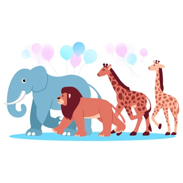 A parade of animals is marching together. In the forefront, there is an "elephant" with large ears and a long trunk, walking gracefully. Close behind, a "lion" with a majestic mane struts confidently, its body poised. Following the lion, a "giraffe" towers over the other animals, its long neck reaching upward. The scene is filled with vibrant colors, creating a lively atmosphere. Each animal is distinct, outlined clearly to emphasize their features. In the background, balloons in various shapes and sizes float above the parade.