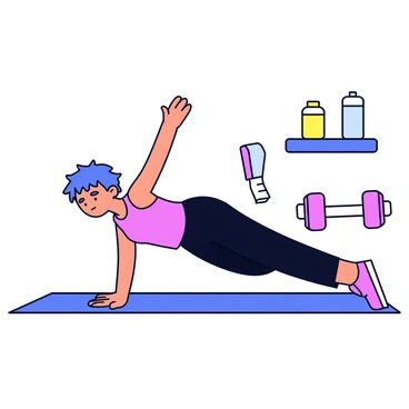An animated character with a vibrant purple tank top and black leggings is positioned on a colorful yoga mat. The character is on all fours, extending one arm forward and the opposite leg backward in a bird-dog exercise pose. The character has a focused expression, with short, spiky blue hair. In the background, there are animated workout elements like dumbbells and a water bottle, creating an engaging gym atmosphere. The scene captures the character's dynamic movement and emphasizes the exercise technique.
