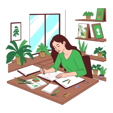 An INFJ with long brown hair is sitting at a wooden desk in a bright home office, concentrating on a creative project. The room is filled with various green plants placed on shelves and windowsills, creating a lively atmosphere. Scattered across the desk are an assortment of colorful art supplies including brushes, markers, and sketchbooks. On the wall behind the desk, there are several framed pieces of artwork showcasing different styles. A large window allows natural light to flood the space, illuminating the thoughtful expression on the INFJ's face as they work.