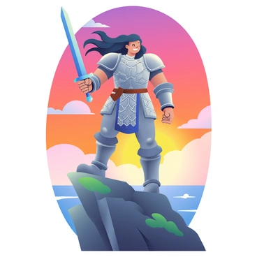 A fierce warrior with long, flowing black hair is standing on a rocky cliff. He is wearing intricate silver armor that glimmers in the light of the setting sun. In his right hand, he holds a glowing sword with a blue blade that casts a shimmering light. The sky behind him is filled with vibrant shades of orange and purple as the sun sets on the horizon. His stance is strong and confident, and the wind is gently lifting his hair. The rocky cliff is jagged and weathered, with patches of green moss dotting the surface.