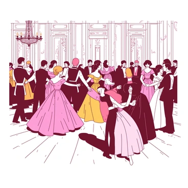 A vintage ballroom filled with guests dressed in elaborate Victorian-era ball gowns. Women in flowing gowns of rich fabrics, adorned with lace and intricate embroidery, are dancing gracefully across the polished wooden floor. Some gowns are in shades of {color_1} while others are in {color_2}. Men in formal tailcoats and waistcoats are engaging with the women, bowing and twirling them elegantly. Chandeliers hang from the ceiling, casting a warm light over the scene. A large ornate mirror reflects the beauty of the gowns and the joyful expressions of the guests.