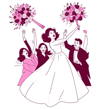 A bride dressed in a white wedding gown is joyfully tossing her colorful floral bouquet over her shoulder. The bouquet is a vibrant mix of flowers in various hues, creating a lively display. Behind her, a group of friends in elegant attire are eagerly reaching out to catch the bouquet, their expressions filled with excitement. The scene captures the moment of celebration and camaraderie, with the bride's hair beautifully styled and a smile on her face.