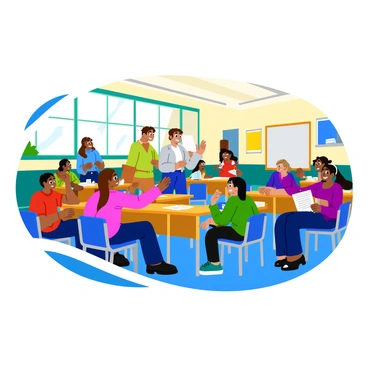 A classroom filled with students engaged in a lively discussion. Some students are raising their hands while others are leaning forward in their seats, eagerly contributing to the conversation. The teacher stands at the front of the room, holding a marker and writing on a whiteboard. The walls are decorated with colorful educational posters, and desks are arranged in a semicircle to encourage interaction. Sunlight streams in through large windows, illuminating the vibrant atmosphere within the classroom.