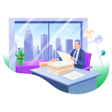 An auditor is sitting at a sleek, minimalist desk reviewing a stack of documents. The auditor, a middle-aged individual in formal attire, is focused and taking notes. Behind the auditor, there is a large window displaying a vibrant cityscape, with tall skyscrapers and a clear blue sky. The office is furnished with contemporary furniture, including a comfortable chair and a potted plant on the windowsill. The sunlight streams in through the window, casting gentle shadows across the desk and highlighting the orderly arrangement of documents.
