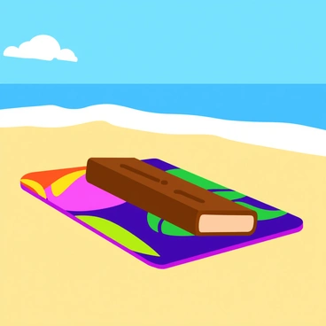 A Snickers bar lying on a beach towel with a sunny beach in the background.