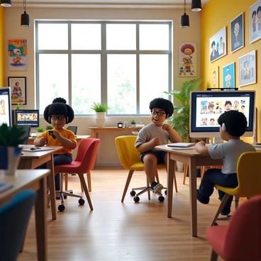 A lively animation studio filled with bright colors and creative energy. There are several illustrators at their desks, each focused on different character animations. One illustrator has dark curly hair and is wearing headphones, intently drawing on a digital tablet. Another illustrator, with glasses and a sketchbook, is surrounded by character concept art pinned on the walls. There are colorful posters of animated characters displayed throughout the studio. The atmosphere is dynamic, with various screens showing movement tests and character designs in progress. A large window lets in natural light, illuminating the creative workspace.
