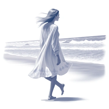 A model is walking along the shoreline. The model is wearing a stylish beach cover-up dress that flows gently with the breeze. The dress features intricate patterns and a lightweight fabric that drapes elegantly over the figure. The waves of the ocean lap at the sandy beach, creating a dynamic background. The model's hair moves gracefully in the wind as she strolls, with her bare feet making contact with the wet sand. The scene conveys a sense of ease and fashion in a coastal environment.