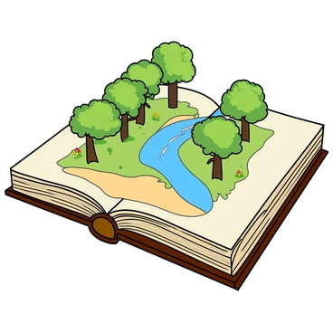 A thick book with a brown cover is opened wide, lying flat on a rustic wooden table. The pages of the book are magically transforming into a miniature island. The island features vibrant green trees with fluffy canopies and a winding blue river flowing through the center. Small patches of sandy beach can be seen on the island, and tiny colorful flowers bloom in various spots. The wooden table has visible grain patterns, enhancing the natural look of the scene. The overall composition highlights the playful interaction between the book and the imaginary landscape emerging from its pages.