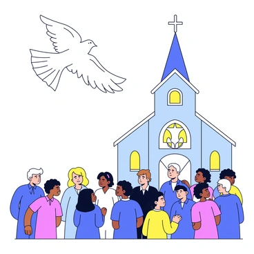 A white dove in flight with its wings fully spread, gliding gracefully above a gathering of churchgoers. The congregation is gathered outside a traditional church building, with people of various ages and ethnicities. Some are looking up at the dove, while others are engaged in conversation. The church features a tall steeple and stained glass windows that catch the light. The atmosphere conveys a sense of unity and hope.
