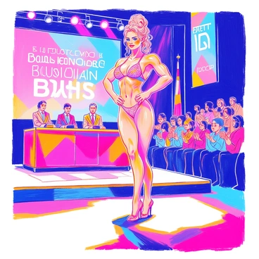 A female bodybuilder is standing on stage, confidently posing to showcase her muscles. She has a well-defined physique with prominent biceps and toned legs. Her hair is styled in an elegant updo, and she is wearing a sparkly bikini competition outfit that highlights her figure. The stage is illuminated with bright lights, and there are judges seated in the foreground observing her performance. In the background, colorful banners display the name of the competition. An audience can be seen clapping and cheering enthusiastically.
