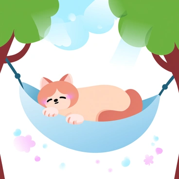 A relaxed kawaii cat with fluffy fur is napping peacefully in a colorful hammock strung between two sturdy trees. Sunlight filters through the leaves above, casting soft shadows on the hammock. The trees have vibrant green foliage, and the background features a clear blue sky with a few fluffy white clouds. The cat is curled up comfortably, its ears folded back, with little paws tucked under its body. A few delicate flowers are blooming on the ground beneath the trees, adding a pop of color to the scene.