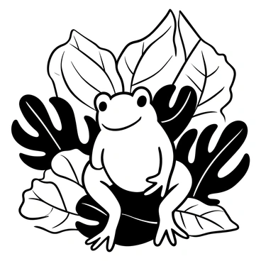 A frog with smooth skin and detailed textures sitting among a cluster of large tropical leaves. The leaves are intricately patterned, with varying shapes and sizes, providing a rich backdrop. The frog is positioned in a way that its body mimics the shapes and shadows of the surrounding foliage, creating a camouflage effect. Light filters through the leaves, casting delicate shadows around the frog, enhancing the depth of the scene.