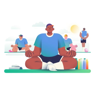 A player with dark skin is sitting cross-legged on the grass sidelines, wearing a bright blue jersey and black shorts. Their eyes are closed, and they have a serene expression on their face, focusing deeply on meditation. Surrounding them are a few colorful water bottles and a white towel. The sun is shining, casting soft shadows on the ground, while a few teammates are visible in the background, preparing for the match.