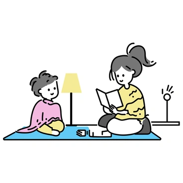 A small child, with tousled hair, is sitting cross-legged on a soft rug. The child is wrapped in a thick, textured blanket, resembling a protective mantle, with the edges draping around them. The child’s eyes are wide with curiosity as they listen intently to a parent reading a book. The parent, sitting nearby, holds an open storybook, and their face is illuminated by a warm bedside lamp. The room is softly lit, creating a warm and inviting atmosphere.