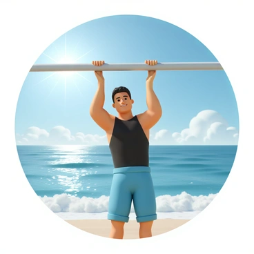 An athlete, a muscular man wearing a black tank top and blue shorts, is performing a dead hang on a metal bar. His arms are fully extended, and his body is hanging vertically, showcasing defined muscles. In the background, the ocean stretches out, with waves gently crashing against the shore. The sky is bright blue with a few fluffy white clouds. Sunlight glistens on the water, creating sparkling reflections. The bar is positioned against a wooden structure, adding a natural element to the scene.