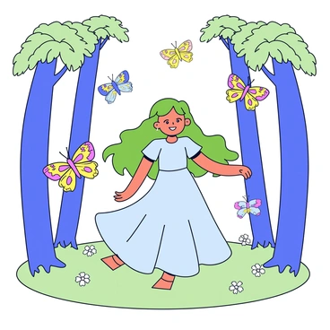 A nature spirit with flowing green hair and a shimmering gown stands gracefully in a forest clearing. The spirit has delicate features and gentle, glowing eyes. Surrounding the spirit are numerous butterflies with intricate patterns in vibrant colors. The clearing is filled with tall, lush trees and soft, dappled sunlight filtering through the leaves above. The ground is covered with a carpet of soft moss and small wildflowers in various shades.