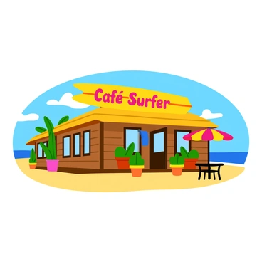 A cozy beachside café with wooden walls and a thatched roof. The café features large windows that overlook the sandy beach. Above the entrance, there is a colorful surfboard sign that reads "Café Surfer" in bright letters. Tropical plants in pots line the entrance, and small round tables with striped umbrellas are set up outside, inviting customers to enjoy their drinks in the sun. The sky is clear with a few fluffy clouds, and gentle waves can be seen in the background.
