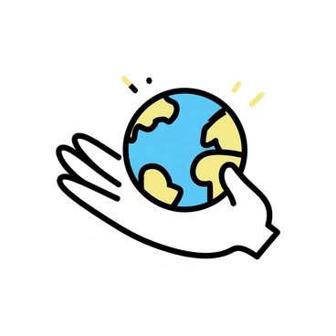 A human hand, with light skin tone, gently holding a small globe. The globe displays visible continents in bright colors. The hand's fingers are curled around the globe, emphasizing its small size. The background is a simple, unobtrusive color, allowing focus on the hand and the globe.