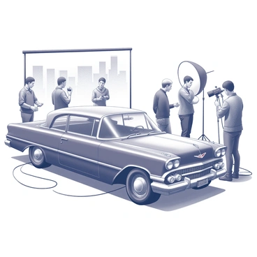 A classic movie car parked on a bustling film set. The car is a vintage model with sleek lines and chrome details, reflecting the style of its era. Surrounding the car are various film crew members, including camera operators adjusting equipment and lighting technicians setting up large softboxes. A backdrop depicting a cityscape can be seen in the distance, while some crew members discuss the next scene. Cables and equipment are scattered across the ground, creating a sense of organized chaos typical of a lively film set.