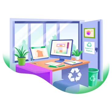 A modern pastel illustration depicting a small office in Singapore dedicated to an illustration agency. The office features large windows allowing natural light to flood in, adorned with potted plants and greenery promoting eco-friendly practices. On the desk, there are sketchbooks, art supplies, and a computer displaying a vibrant illustration. The walls are decorated with framed art pieces, showcasing the agency's work, while a recycling bin is placed in the corner. A "Sustainable Practices" sign is visible on the door.